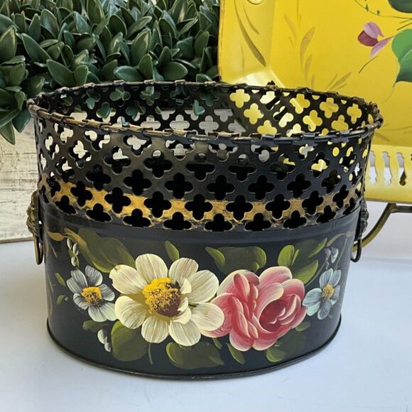 none Other - Incredible Vintage Black tole planter mail holder hand painted flowers gorgeous
